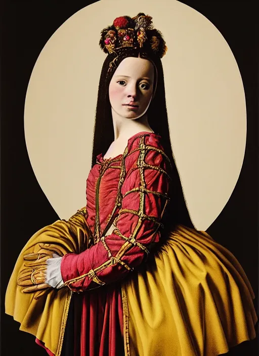 Image similar to portrait of young woman in renaissance dress and renaissance headdress, art by oliviero toscani