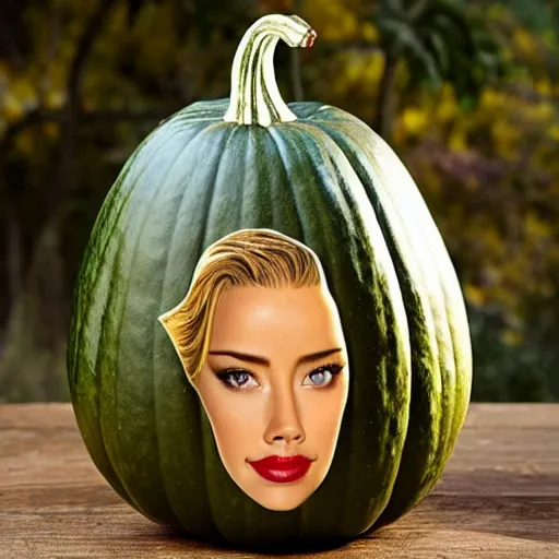 Image similar to gourd with face of amber heard hybrid intercross mix as a gourd