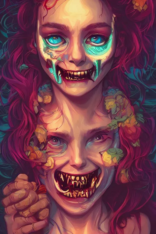 Image similar to a smiling cute zombie woman beautiful skin and wavy hair, tristan eaton, victo ngai, artgerm, rhads, ross draws