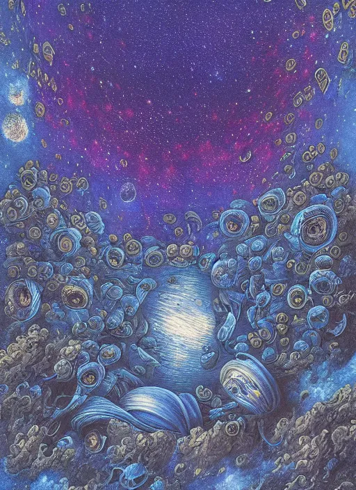 Image similar to detailed, intricate blue black and purple papaverum flower on the field, nebula, galaxy in the sky, winning award masterpiece, fantastically beautiful, illustration, aestheticly inspired, jacek yerka, upscale with anguissola sofonisba work, artstation, 8 k