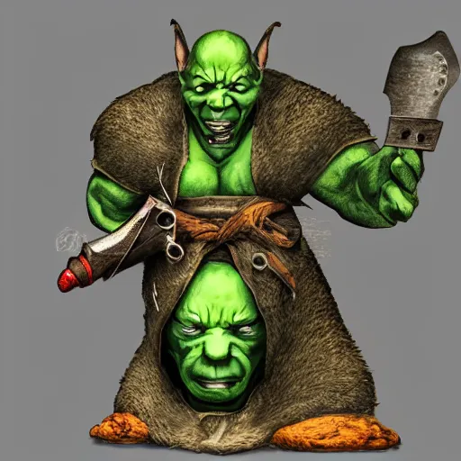 Prompt: an unusual character of the game. an orc with big ears and a symmetrical face. he holds a knife in his hands. looks at you frontally and wants to kill you. body color green, art, 4 k.