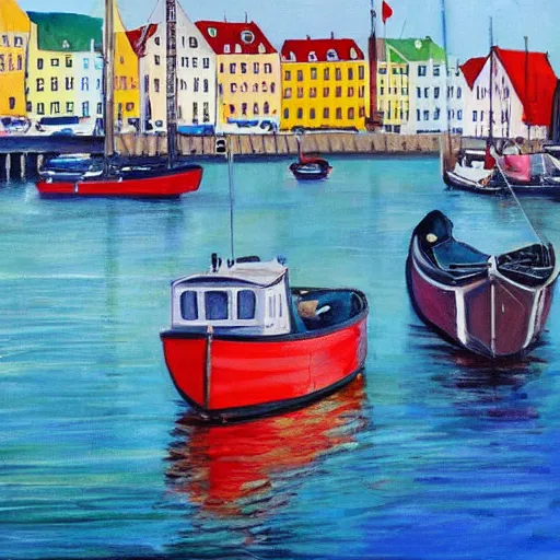 Prompt: boats in copenhagen in 2 0 1 6 on a bright and sunny day. hygge. painting.