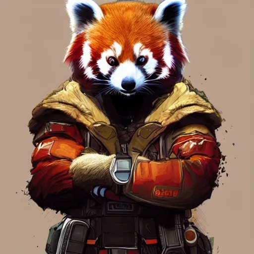 Image similar to red panda as apex legends character, digital illustration portrait design, by android jones and greg rutkowski, retrowave color scheme, detailed, cinematic lighting, wide angle action dynamic portrait