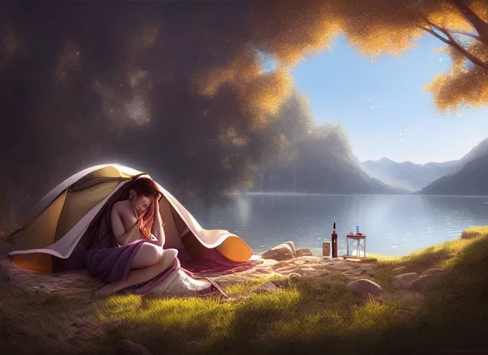 Image similar to full portrait of mage traveller resting at her tent at a lake. intricate, elegant, highly detailed, digital painting, artstation, concept art, smooth, sharp focus, illustration, art by artgerm and greg rutkowski and, 8 k