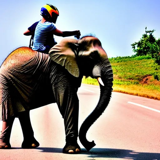 Image similar to an elephant riding a motorcycle