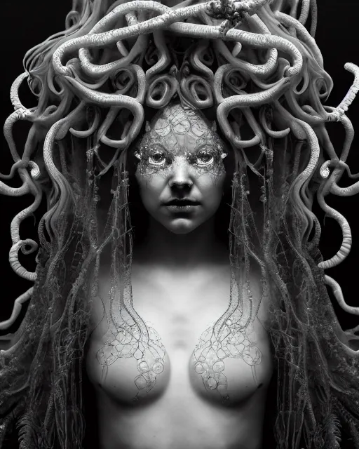 Prompt: mythical dreamy underwater black and white photo of a translucent beautiful female angelic - medusa - vegetal, highly detailed, intricate crystal ivy jelly ornate, poetic, translucent algae ornate, digital art, octane render, 8 k artistic photography, photo - realistic, hg giger