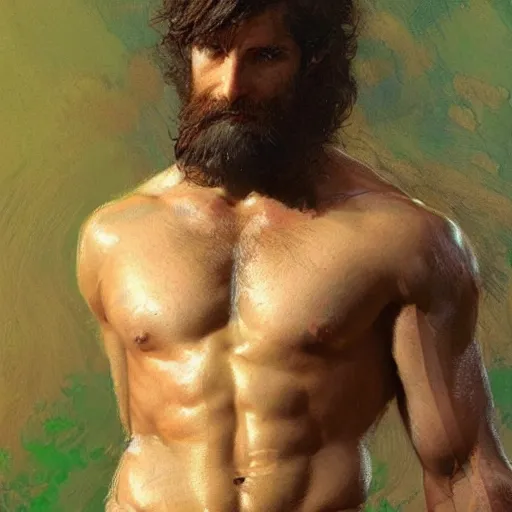 Prompt: young warrior marching toward the viewer, male, muscular, green eyes!!!!, straight nose!!!!!, beard, detailed face, thighs!!!!! gorgeous, amazing, toned, intricate, highly detailed, painting by Gaston Bussiere, Craig Mullins