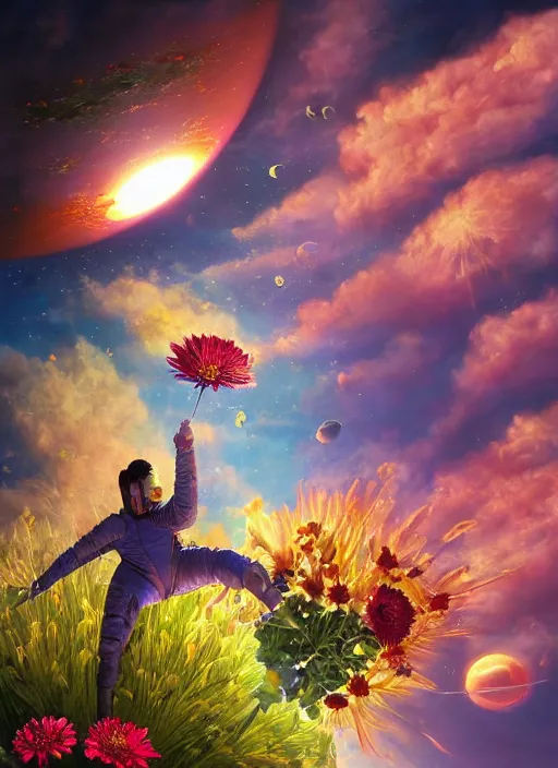 Image similar to An epic fantastic realism comic book style painting of the most beautiful flowers launched into space, bouquets, solar eclipse, fisheye, unreal 5, DAZ, hyperrealistic, octane render, dynamic lighting