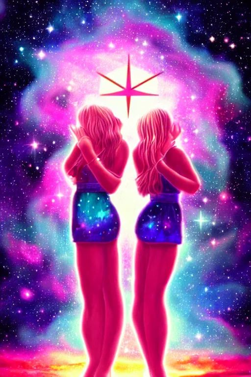 Prompt: masterpiece epic retrowave art, trending on art station, zodiac gemini constellation of white two girls in the starry sky