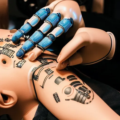 Prompt: an AI robot gets a tattoo
