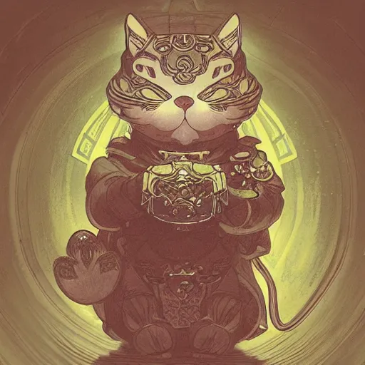 Image similar to A cute maneki neko, flowers around, D&D, fantasy, intricate, cinematic lighting, highly detailed, digital painting, artstation, concept art, smooth, sharp focus, illustration, art by Akihiko Yoshida, Greg Rutkowski and Alphonse Mucha