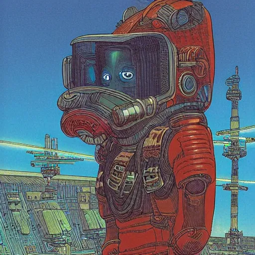 Image similar to a cyberpunk monkey in a spaceport by jean giraud