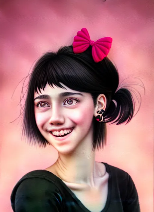 Image similar to portrait of high school girl, realistic, black hair, bangs, half updo hairstyle, pointy nose, skinny, smile, ugly, defined jawline, big chin, pink hair bow, earrings, intricate, elegant, glowing lights, highly detailed, digital painting, artstation, sharp focus, illustration, art by wlop, mars ravelo and greg rutkowski