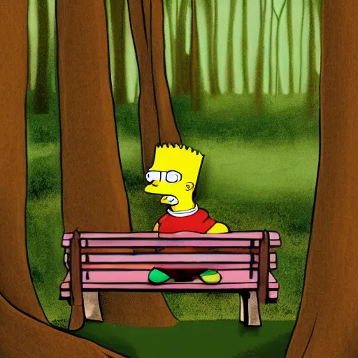 Prompt: Bart Simpson sitting on a bench in the middle of a dark forest, digital art