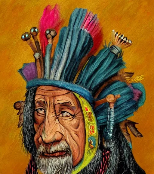 Image similar to Portrait painting in a style of Hieronim Bosch of an old shaman dressed in a colorful traditional clothes.