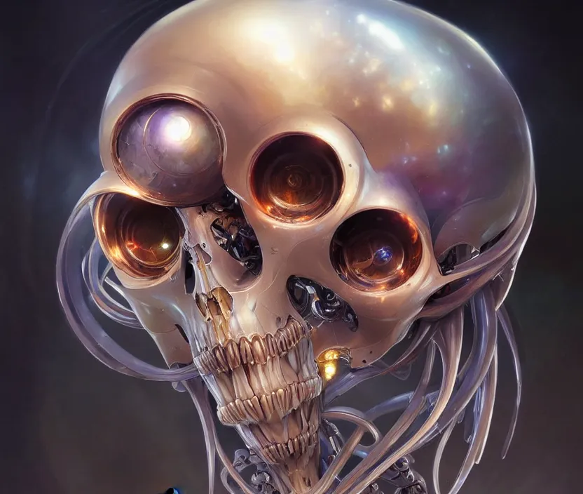 Image similar to Cyborg biomechanical jellyfish skull face portrait, sci-fi, highly detailed, digital painting, artstation, concept art, smooth, sharp focus, illustration, art by artgerm and greg rutkowski and alphonse mucha