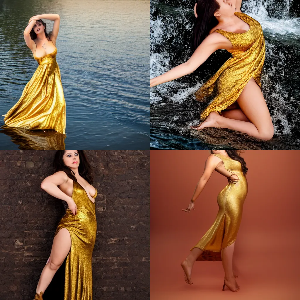 Prompt: a beautiful brunette emerging from dark waters and dressed in a golden dress with a big split in the middle of her breasts, photographic, 4K