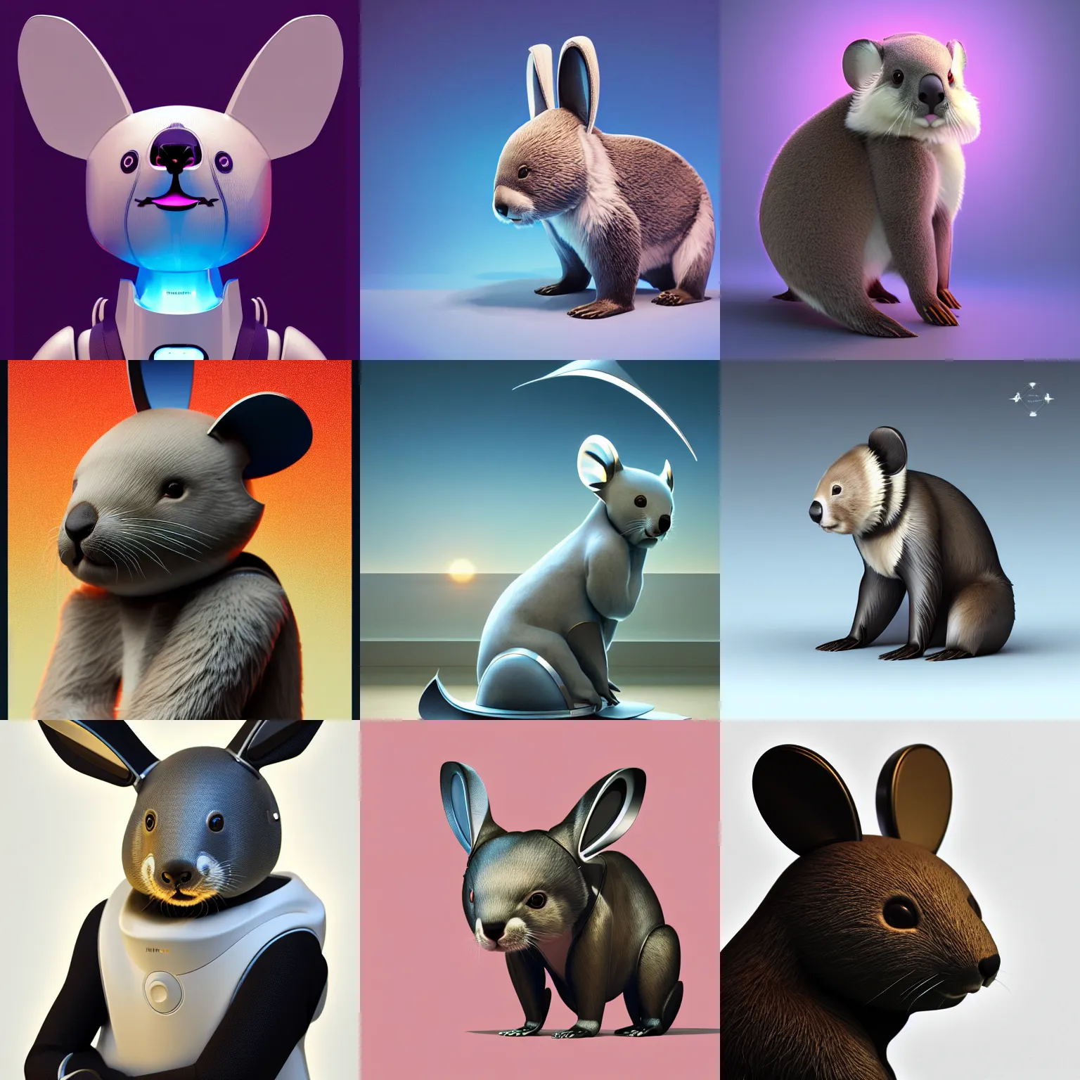 Prompt: product photo of a futuristic stylized pet robot, otter bunny ( koala ) mix, kindchenschema, large ears, large tail, by artgerm and greg rutkowski and marc newson and zaha hadid, alphonse mucha, zaha hadid, side view, volumetric light, detailed, octane render, midsommar - t