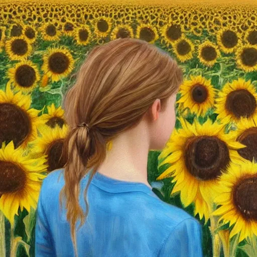 Image similar to a girl in amazing tall sunflower field, her hair flowing down, subtle, intricate details, real masterpiece, oil on canvas, by somsak anong