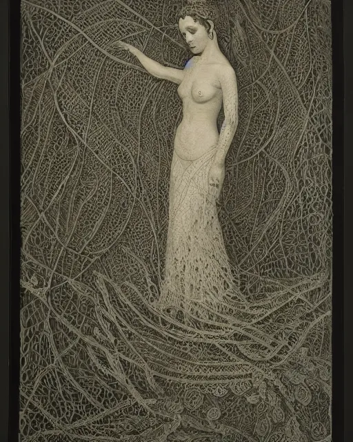 Image similar to a woman standing at the shore, made of intricate decorative lace leaf skeleton, in the style of the dutch masters and gregory crewdson, dark and moody