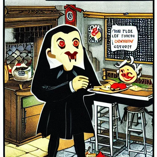 Image similar to Count Dracula cooking hamburgers