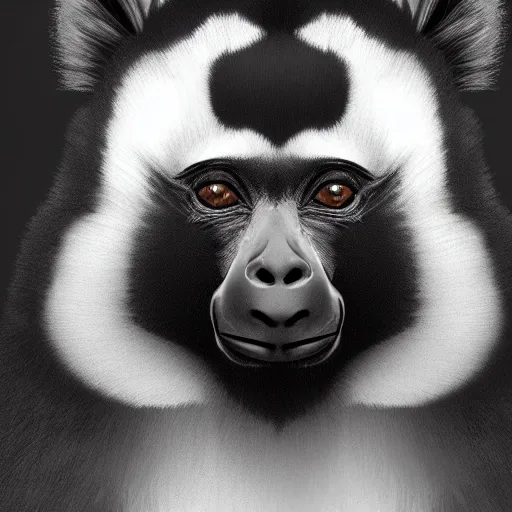 Image similar to portrait of a black and white ruffed lemur, digital painting, highly detailed, trending on artstation