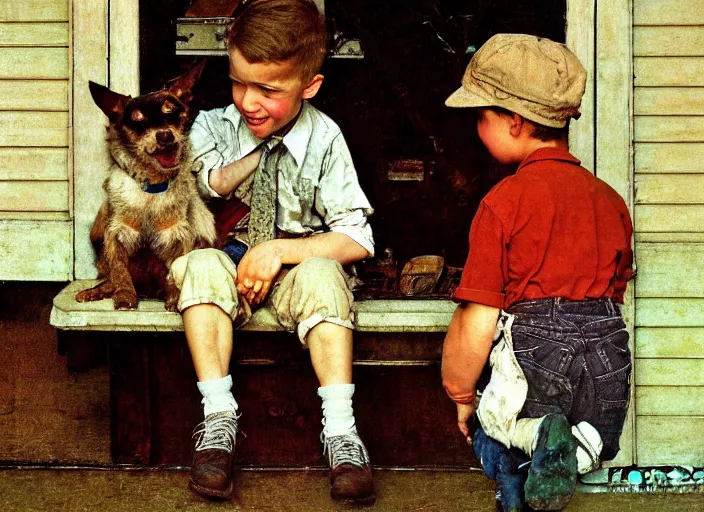 Image similar to high quality high detail painting by norman rockwell, hd, young boy with dog, muted pastel colors, photorealistic lighting