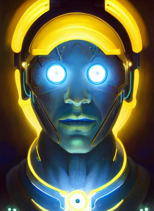 Image similar to symmetry!! portrait of a cyborg man, sci - fi, tech wear, blue and yellow glowing lights!! intricate, elegant, highly detailed, digital painting, artstation, concept art, smooth, sharp focus, illustration, art by artgerm and greg rutkowski and alphonse mucha