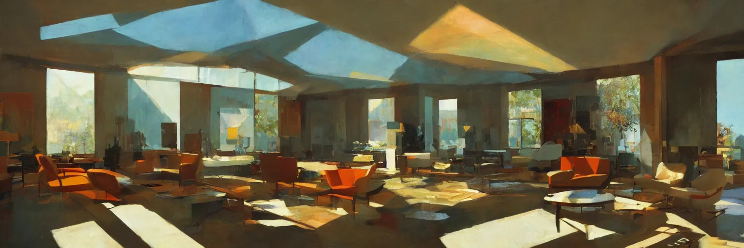 Image similar to midcentury architecture. modernism. rays of light filling the room. warm colors. wide shot. craig mullins.