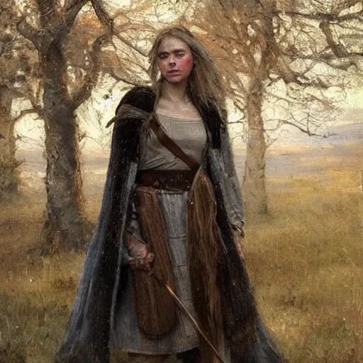 Prompt: Richard Schmid and Jeremy Lipking portrait painting of A shield-maiden (Old Norse: skjoldmø [ˈskjɑldˌmɛːz̠]) was a female warrior from Scandinavian folklore and mythology. Shield-maidens are often mentioned in sagas such as Hervarar saga ok Heiðreks and in Gesta Danorum. They also appear in stories of other Germanic peoples: Goths, Cimbri, and Marcomanni.[1] The mythical Valkyries may have been based on such shield-maidens.[ full-figure