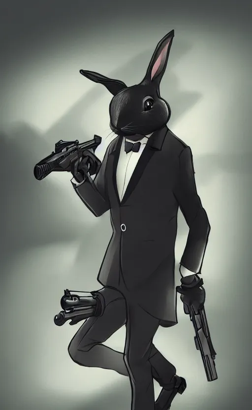 Image similar to rabbit as a hitman, suit and tie, with silenced gun, dynamic lighting, fantasy concept art, trending on art station, stunning visuals, creative, cinematic, ultra detailed, comic strip style