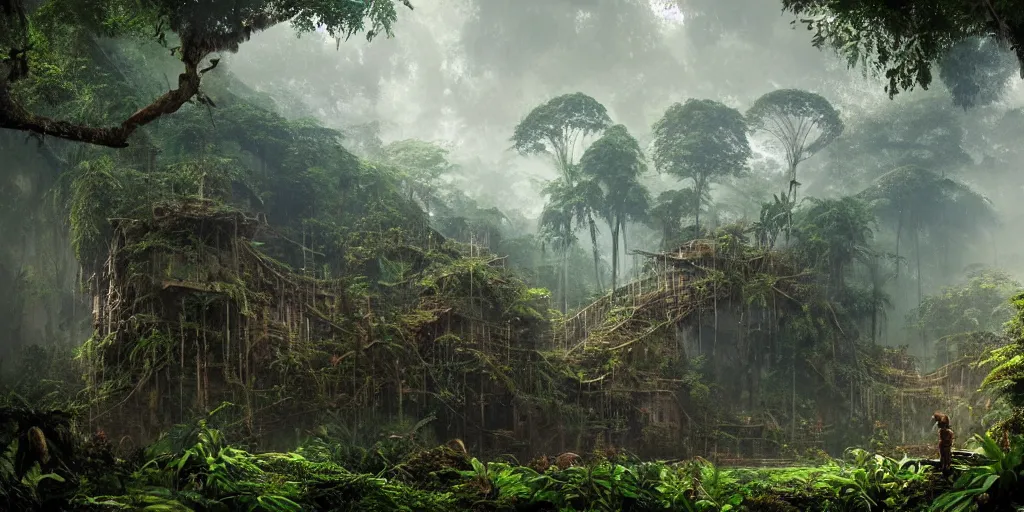 Prompt: amazon jungle, wall wood fortress, Photorealistic, plants environment, wide angle, establishing shot, cinematic lighting, atmospheric, realistic, octane render, highly detailed, color graded, matte painting in the style of craig mullins