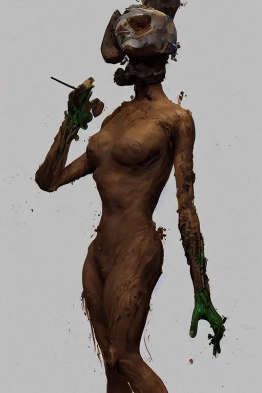 Image similar to epic 3 d straw masked omolu, liquid hands and feet spinning, 2 0 mm, with brown and tan mud melting smoothly into medicine and salves, intense, healing, intricate, houdini sidefx, trending on artstation, by jeremy mann and ilya kuvshinov, jamie hewlett and ayami kojima, 3 d bold