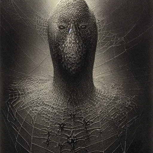 Prompt: huge spider-like creature by Zdzisław Beksiński, caretaker, cosmic horror, darkwave, concept by Alastair Reynolds