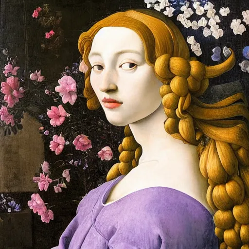 Prompt: a portrait of one beautiful young goddess with a wall of flowers behind her, painted by botticelli, diego velazquez and rachel ruysch and vermeer, swirling coloured hair, hyperreal, dark, dramatic lighting, analogous complementary colour scheme