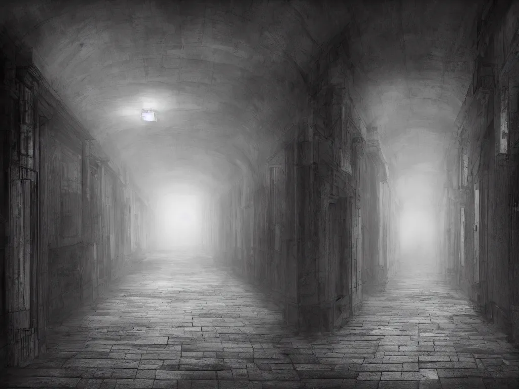 Image similar to dark and dim corridor, haunted, long exposure, detailed, hyper realistic, photorealism, ultra wide angle view, cinematic, peaceful, volumetric lighting