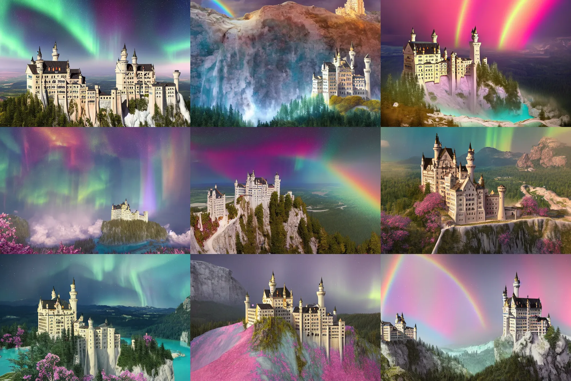 Prompt: neuschwanstein castle on pamukkale thermal waters flowing down gold travertine terraces in vinicunca rainbow mountain during sakura season on an interstellar aurora borealis with heavy thunder and lightning, pink waterfalls, by peter mohrbacher, james jean, james gilleard, greg rutkowski, vincent di fate, rule of thirds, octane render, beautiful landscape