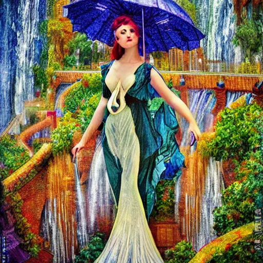 Prompt: A beautiful assemblage of a waterfalls going into a city. art nouveau, post-impressionism by Rebeca Saray forbidding