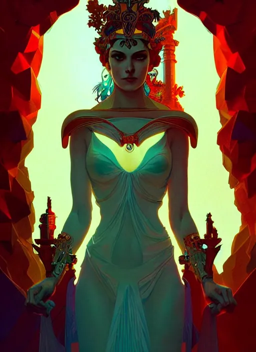 Image similar to the goddess hera looking angry, paper dress, volumetric lights, red and cyan theme, futuristic, intricate, highly detailed, digital painting, artstation, concept art, smooth, sharp focus, symmetric face, illustration, art by artgerm and greg rutkowski and alphonse mucha