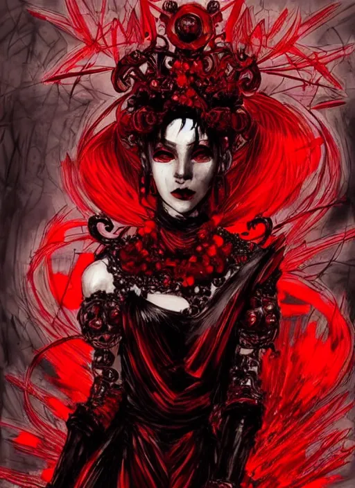 Prompt: half body portrait of blood evil spirit, beautiful woman in an ornate red dress, crazy look, villain. in style of yoji shinkawa and hyung - tae kim, trending on artstation, dark fantasy, great composition, concept art, highly detailed, dynamic pose, vibrant colours.