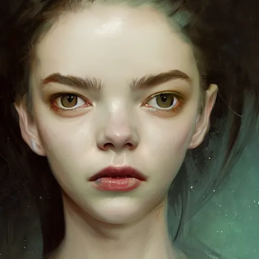 Image similar to expressive oil painting, alien dark fae girlboss based on jennifer connelly mixed with anya taylor - joy, bumpy mottled skin, big black feathered wings instead of arms, body horror, by yoshitaka amano, by greg rutkowski, by jeremy lipkinng, by artgerm, digital art, octane render