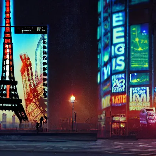 Image similar to A beautiful intricate 8K award-winning ground-level cinematic movie photograph of the future destroyed and decaying Eiffel Tower made of neon, surrounded by broken corporate video billboard displays. in the year 2050, by Bruno Delbonnel and greg rutkowski. Arri Alexa 65, IMAX 70mm footage. Dirty billboards. Cinematic lighting