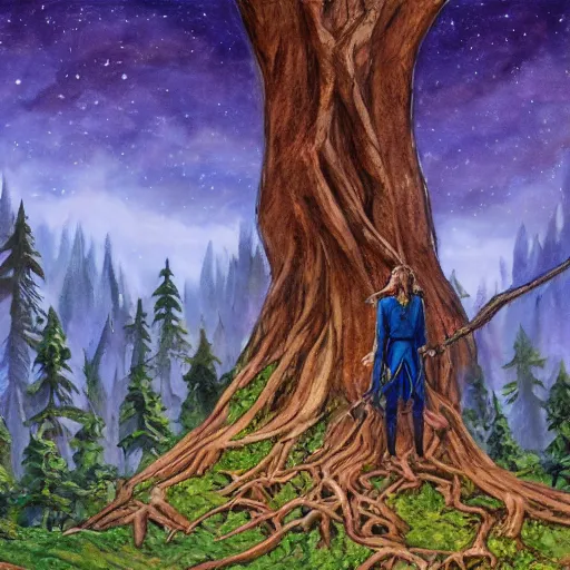 Image similar to painting of the silhouette of two elven warriors in the distance, standing on a big tree root in a deep giant forest, by kev walker, acrylic washes and colored pencils, brilliantly colored painting, fantasy, trending on artstation, intricate, 8 k