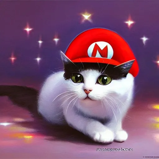 Image similar to A beautiful oil painting of a Kawaii Cat wearing a Super Mario Hat, nintendo, intricate, volumetric lighting, photorealistic, colorful, highly detailed.