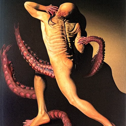 Prompt: portrait of a lizard man removing human skin. Artwork by Caravaggio and by Wayne Barlowe by alexander gierymski