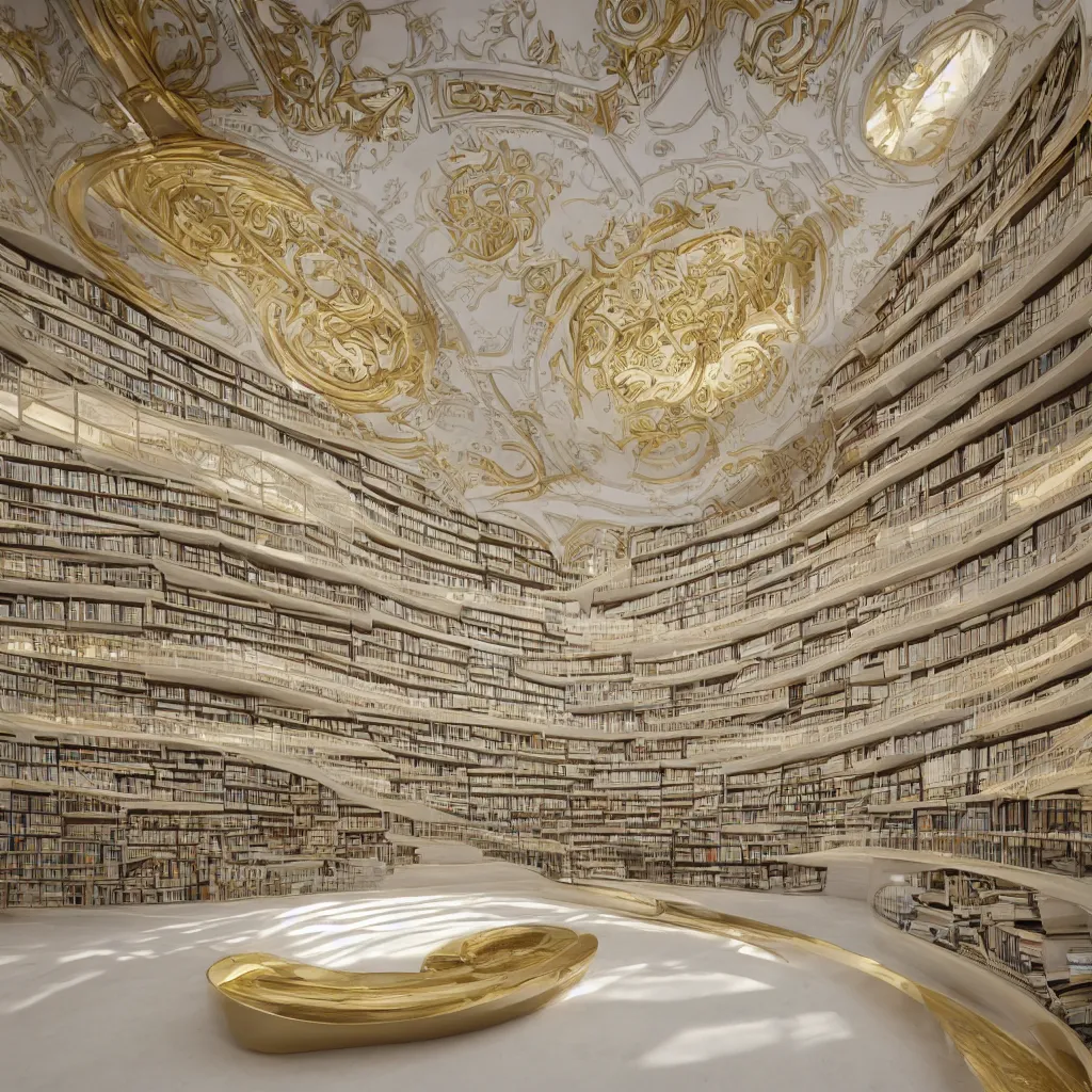 Prompt: an incredibly smooth clean lines curvilinear neo baroque library interior architectural sculpture, a golden pool on the ground is envelope by folding white surfaces, blue light, visually satisfying architecture render