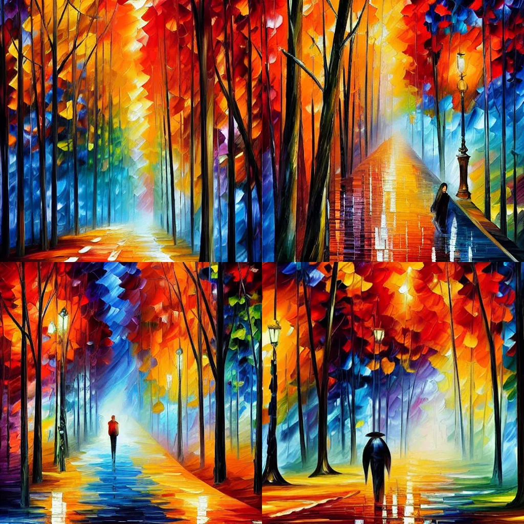 Prompt: a long walk to nowhere by Leonid Afremov, bright tones