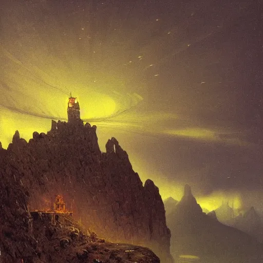 Image similar to a detailed profile oil painting of a lone medevil castle on a mountain, lightning, aurora lighting clouds and stars by beksinski carl spitzweg and tuomas korpi. baroque elements, full - length view. baroque element. intricate artwork by caravaggio. trending on artstation. 8 k