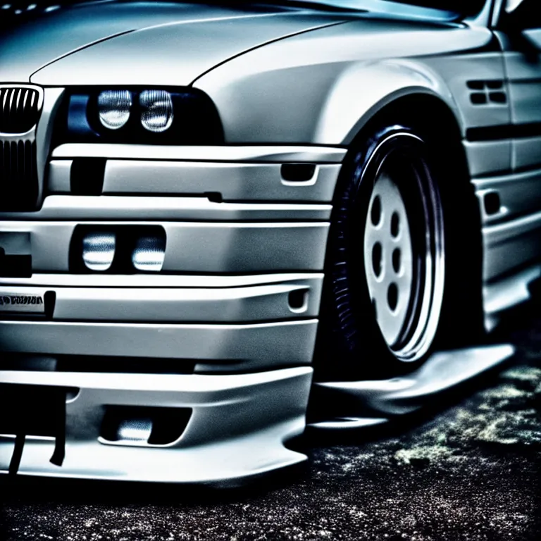 Prompt: close-up-photo BMW E36 illegal JDM meet, Saitama prefecture, misty night, cinematic color, photorealistic, high detailed wheels, highly detailed