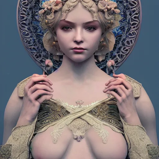 Prompt: a beautiful goddess dreamy eyes, lusty full body, ornated, intricate fabric gown, portrait 3 d figurine, octane render, 8 k, artstation, unreal engine, art nouveau, cinematic setting, hd, realistic fantasy background